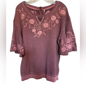 Free People Raised Floral Embroidered Knit Top